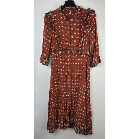 Free People Calico Skies Midi Dress Ruffle Button Boho Cottagecore Western Large - Picture 2 of 16